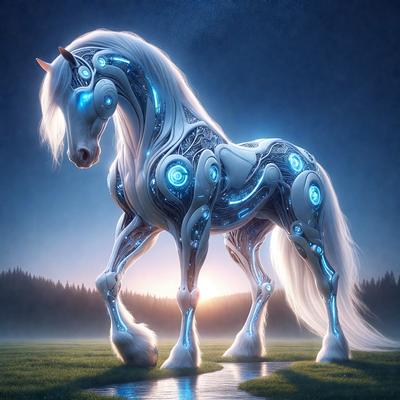 The primary subject of the image is a white horse with blue lights on its body. The horse is standing in a grassy field, which serves as the setting for the scene. The visual style of the image is digital art, as it appears to be a computer-generated or digitally rendered image. The colors and mood of the image are predominantly blue and white, giving it a futuristic and technological feel.